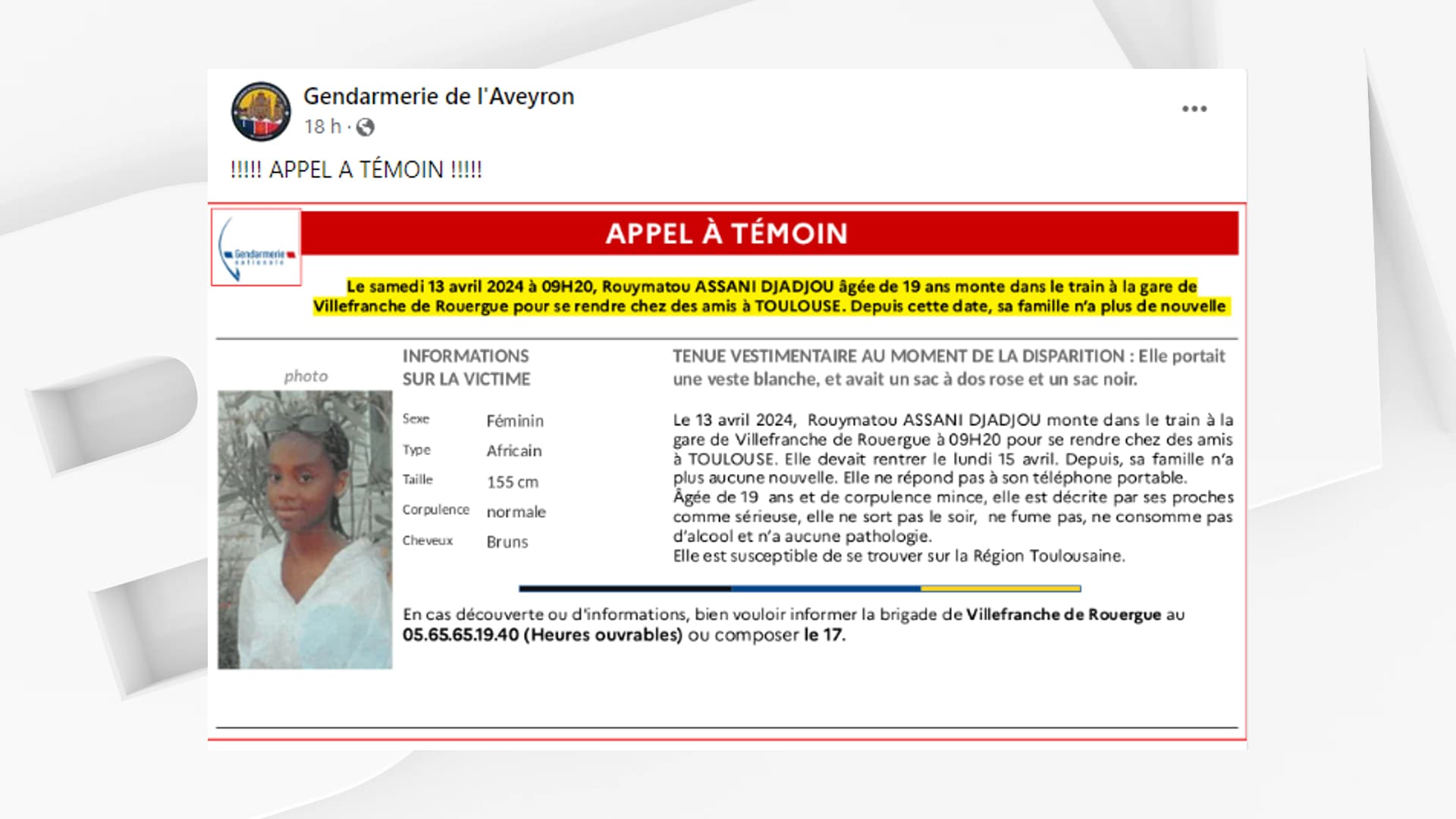 Aveyron un appel à témoins lancé après la disparition d une jeune