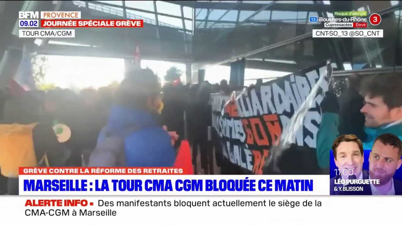 Grève du 15 mars la tour de la compagnie CMA CGM bloquée par des