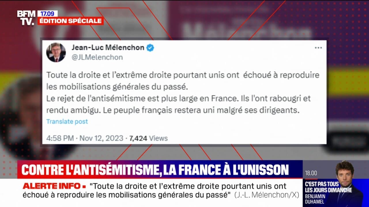 Absent à la marche contre l antisémitisme Jean Luc Mélenchon souligne