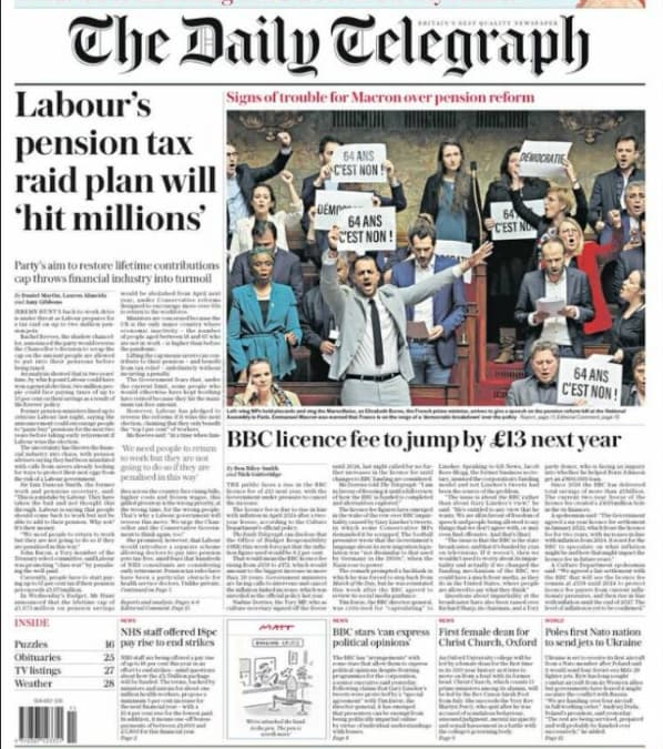 The front page of the Daily Telegraph of March 17, 2023 