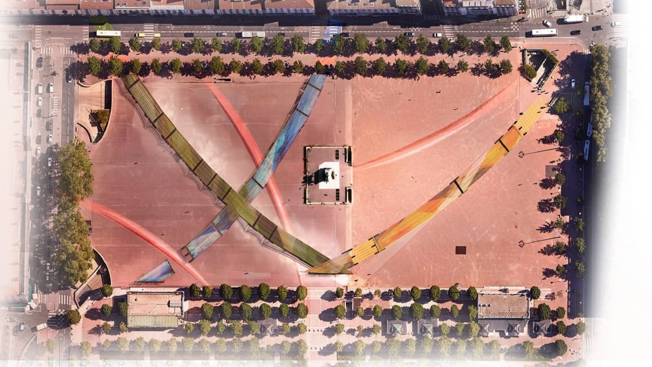 La future place Bellecour sera entourée d'arbres, et en son centre, de grandes arches reliées par des voilages feront de l'ombre. La future place Bellecour sera entourée d'arbres, et en son centre, de grandes arches reliées par des voilages feront de l'ombre.