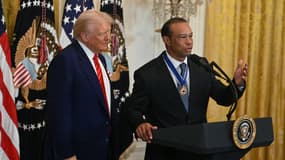 Tiger Woods et Donald Trump à La Maison Blanche lors d'une réception pour le mois de l'histoire des Noirs (Black History Month), le 20 février 2025