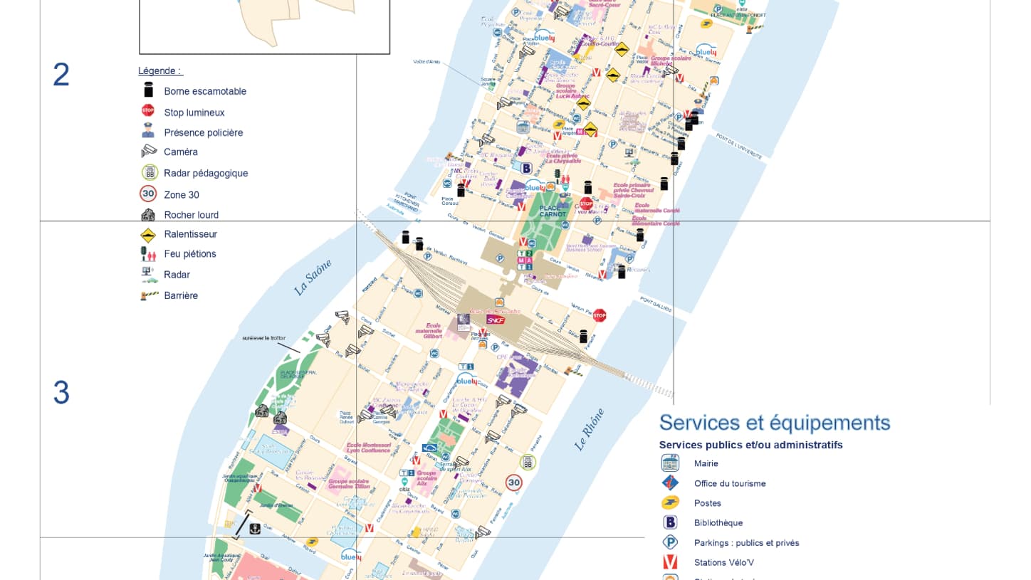 La cartographie du plan de tranquillisation de la Presqu'île à Lyon.