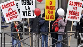 Des personnes brandissent des pancartes lors de la 7ème "Marche pour la vie", organisée par un collectif d'associations opposées à l'avortement le 23 janvier 2011 à Paris.