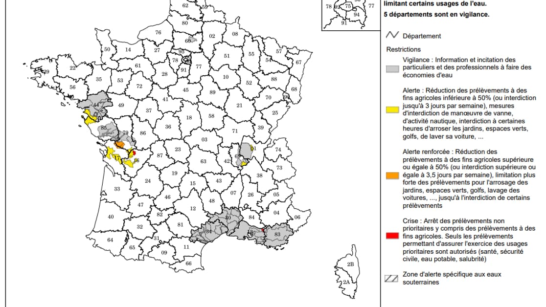 Carte des arrêtés de restrictions d'eau au 28/04/2021