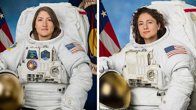 A gauche, Christina Koch, à droite Jessica Meir, premières femmes astronautes à effectuer une sortie 100% féminine dans l'espace ce vendredi 18 octobre 2019. 