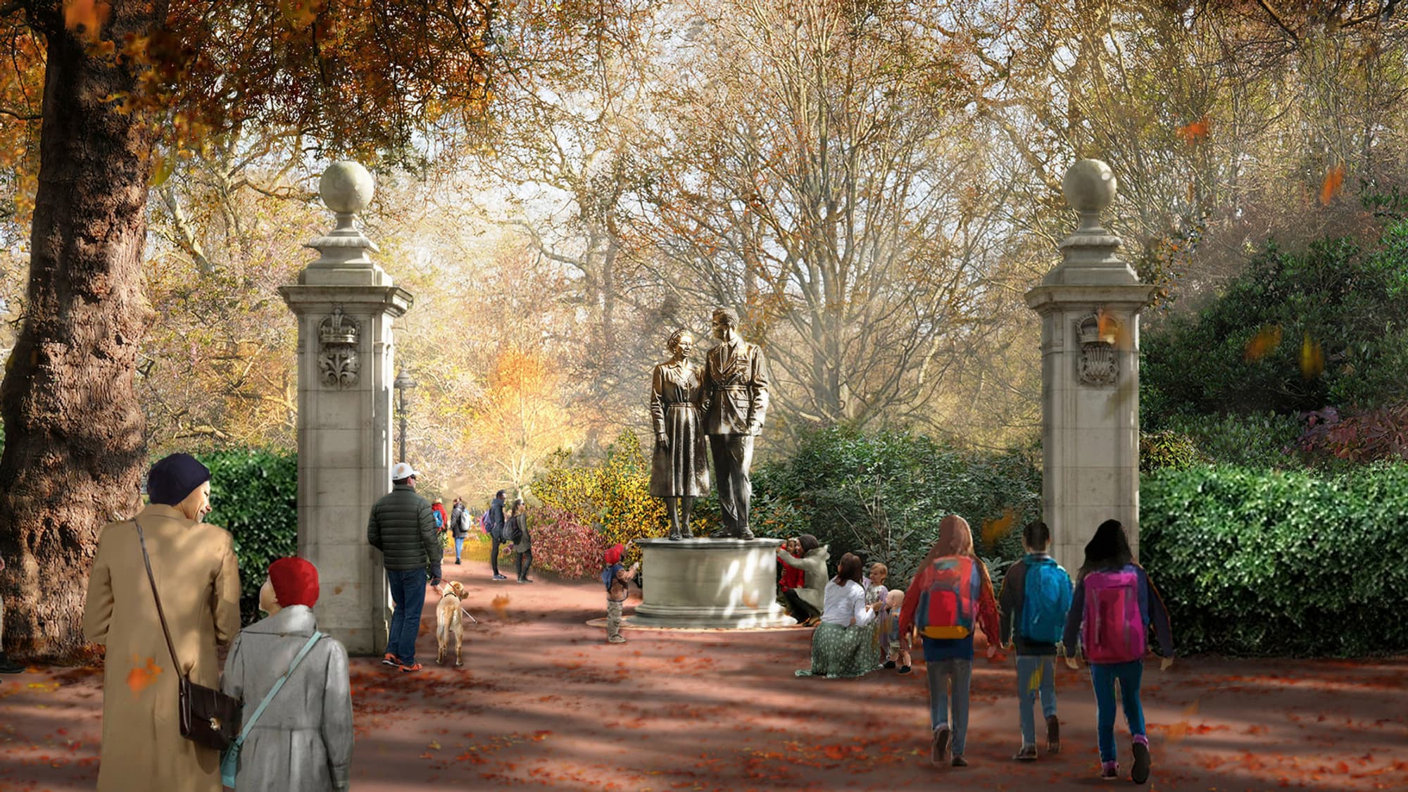 Elizabeth II statue and her husband, Prince Philip, who will be part of the memorial project dedicated to the queen carried out by Norman Foster. Elizabeth II statue and her husband, Prince Philip, who will be part of the memorial project dedicated to the queen carried out by Norman Foster.