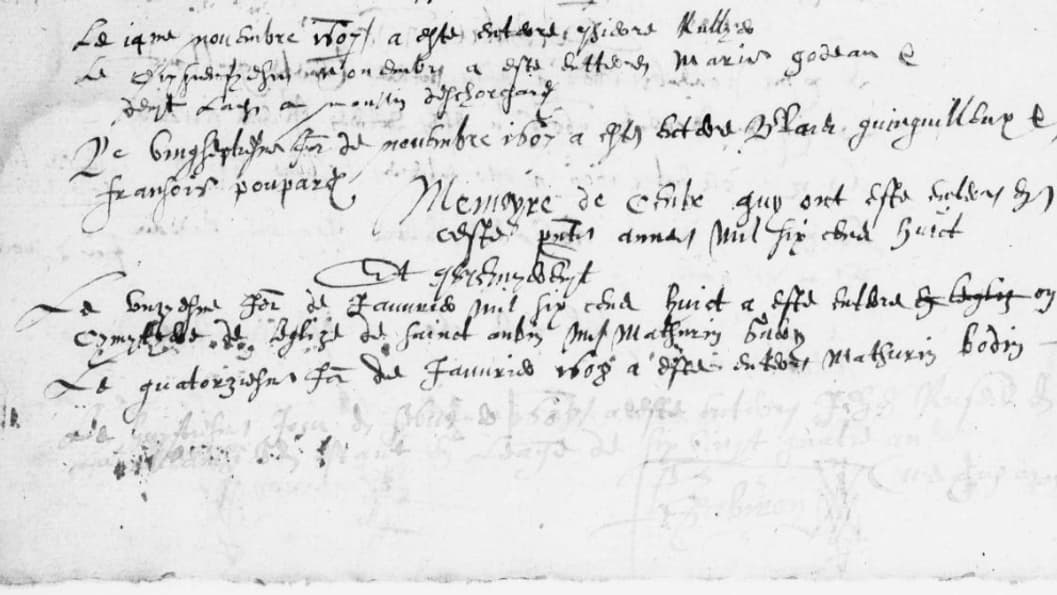 Sur les lignes les plus effacées de ce registre paroissial, les membres de l'association départementale de généalogie des Deux-Sèvres ont lu que Jehan Russeil étant né en 1484 et mort en 1608.