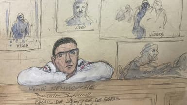 Croquis d'audience de Mehdi Nemmouche, soupçonné d'avoir séquestré des journalistes et humanitaires occidentaux, lors de son procès, le 27 février 2025 à Paris