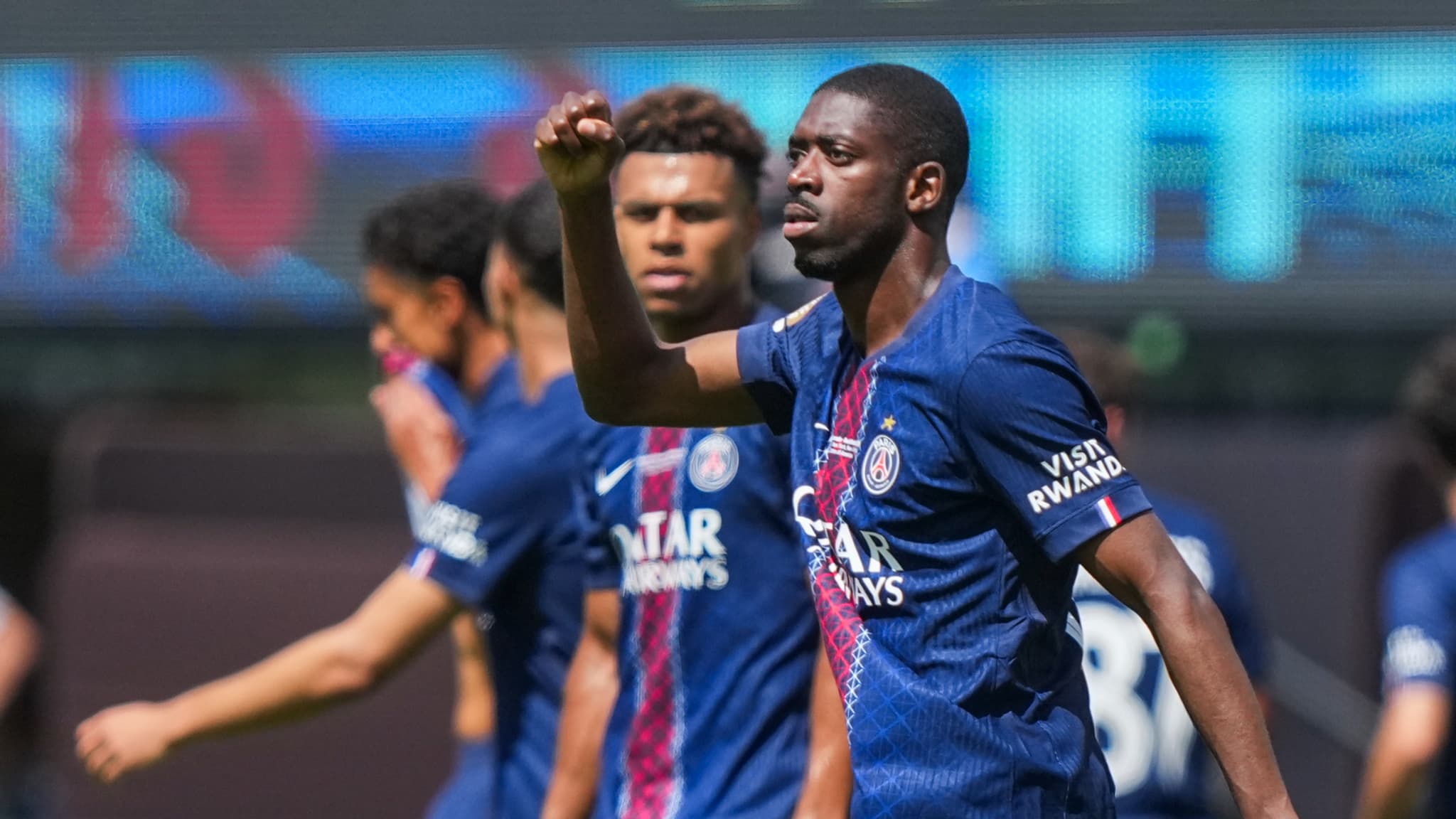 Ousmane Dembélé célèbre un but du PSG contre le Real Madrid à la Coupe du monde des clubs, le 9 juillet 2025