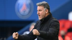 L'entraîneur de Lille Christophe Galtier exulte après le succès contre le PSG, le 3 avril 2021 au Parc des Princes