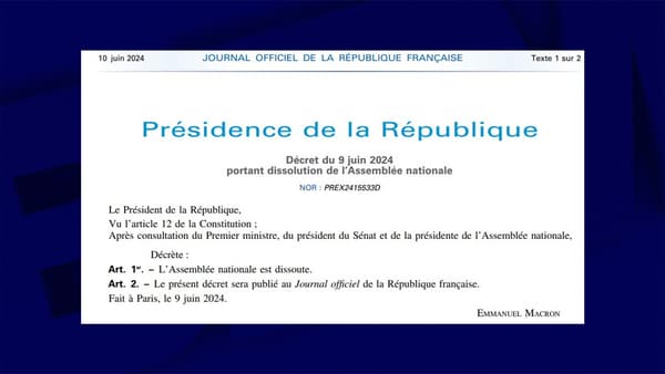 Décret de dissolution de l'Assemblée nationale publié au Journal officiel le 10 juin 2024