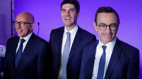 (g-d) Eric Ciotti, Aurélien Pradié et Bruno Retailleau, candidats à la présidence des Républicains, à l'issue d'un grand oral au siège du parti, le 26 novembre 2022 à Paris