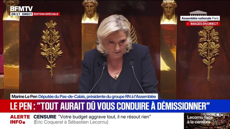 "Tout aurait dû vous conduire à démissionner", lance Marine Le Pen à Sébastien Lecornu