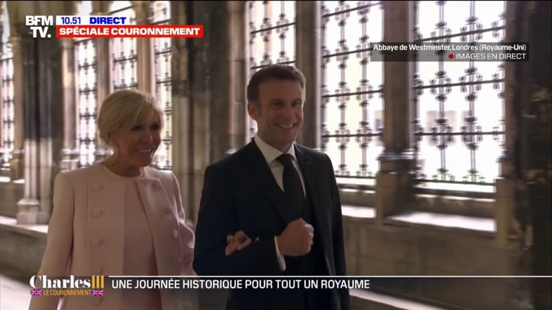 Emmanuel Macron et la première dame de France arrivent à l'abbaye de Westminster pour le couronnement de Charles III