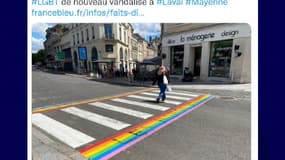 Passage piétons aux couleurs LGBT vandalisé à Laval lundi 27 juin. 