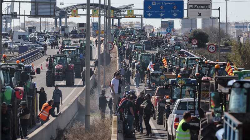 Des manifestants bloquent l'entrée principale du port de Tarragone avec leurs tracteurs, lors d'une manifestation d'agriculteurs, à Tarragone, en Espagne, le 13 février 2024. 