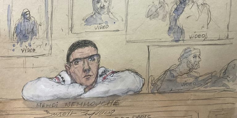 Croquis d'audience de Mehdi Nemmouche, soupçonné d'avoir séquestré des journalistes et humanitaires occidentaux, lors de son procès, le 27 février 2025 à Paris