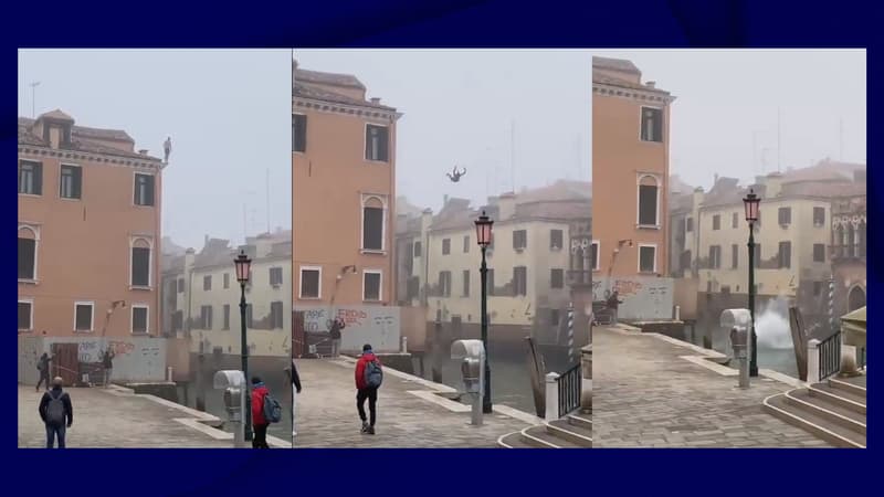 Un homme sautant du troisième étage d'un immeuble dans un canal de Venise