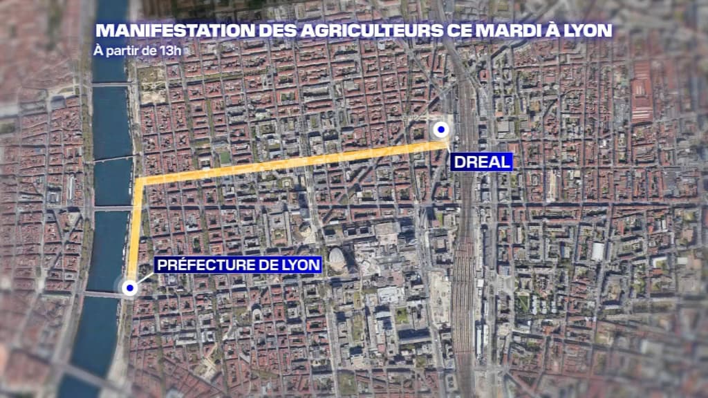 Le parcours de la manifestation des agriculteurs mardi à Lyon.