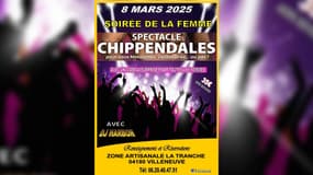 L'affiche d'une soirée "Chippendales" organisée à Villeneuve (Alpes-de-Haute-Provence) le 8 mars 2025, à l'occasion de la journée internationale des droits des femmes.