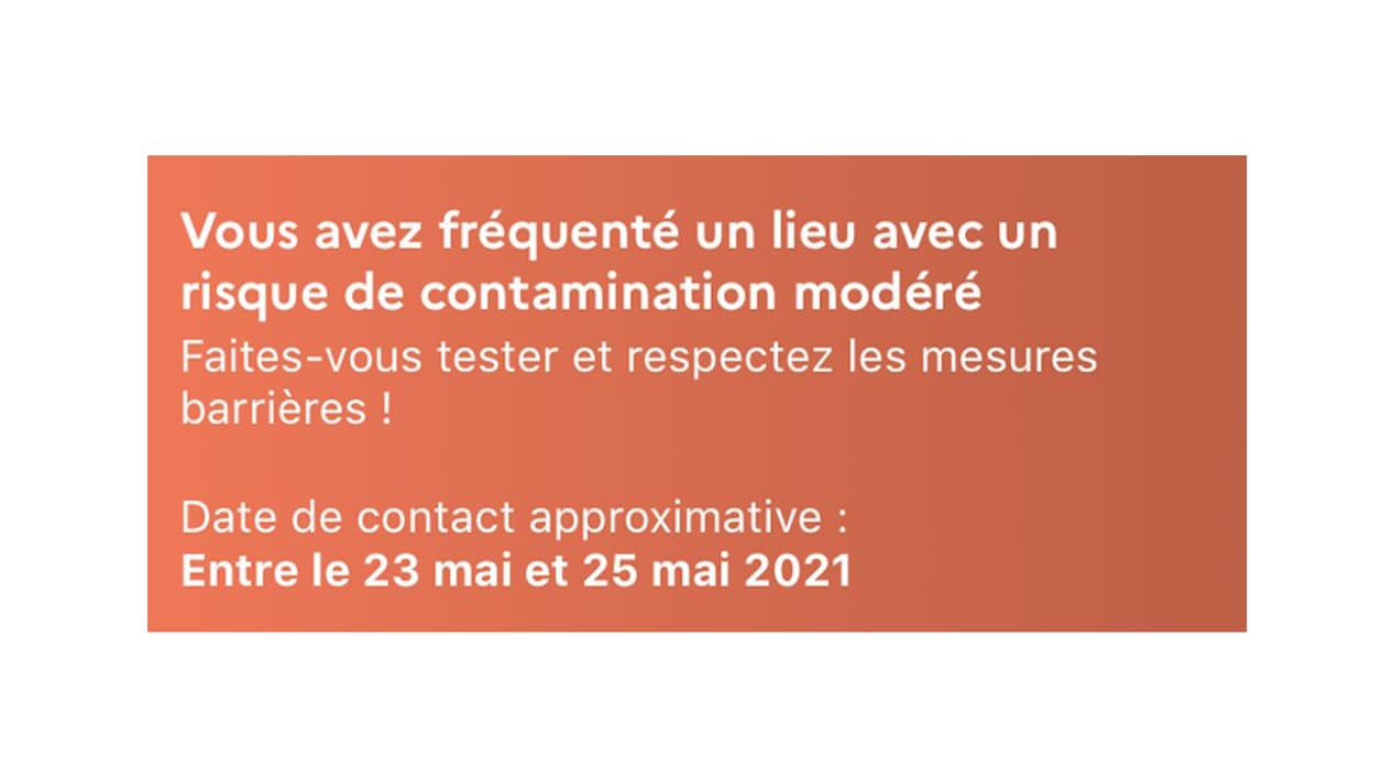 Capture d'écran d'une alerte orange de TousAntiCovid Capture d'écran d'une alerte orange de TousAntiCovid