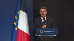 Emmanuel Macron, lors de sa conférence de presse depuis le sommet social européen à Porto, ce samedi 8 mai 2021