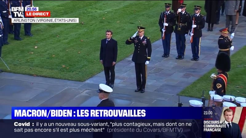 Emmanuel Macron dépose une gerbe de fleurs devant la tombe du soldat inconnu au cimetière d’Arlington