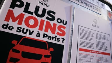 Cette photographie montre une phrase disant « Plus ou moins de SUV à Paris ? alors que les Parisiens votent la création d'une tarification particulière pour les voitures et véhicules utilitaires sport (SUV) les plus lourds et les plus polluants à Paris, le 4 février 2024.