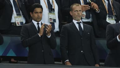 Nasser al-Khelaïfi et Aleksander Ceferin pendant la Supercoupe d'Europe entre le PSG et Tottenham, le 14 août 2025