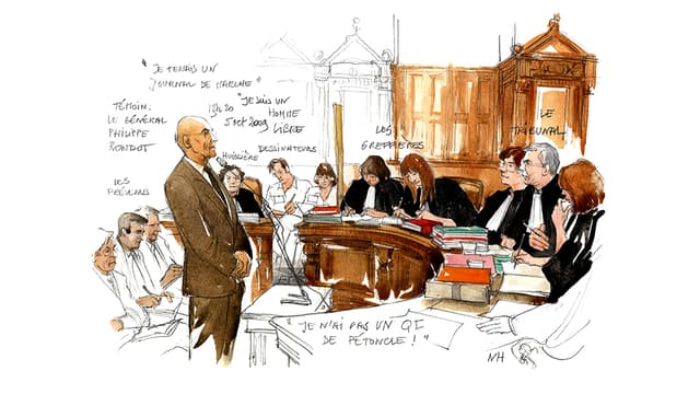Dessin de 2009, audition du général Rondot au procès Clearstream.
