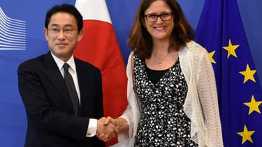 Cecilia Malmström, la Commissaire européenne au Commerce, en compagnie de Fumio Kishida, le ministre japonais des Affaires étrangères.