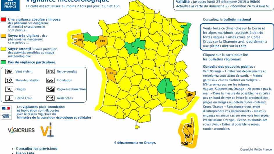 Six départements sont placés en vigilance orange, ce dimanche 22 décembre 2019 à 10 heures. Six départements sont placés en vigilance orange, ce dimanche 22 décembre 2019 à 10 heures.