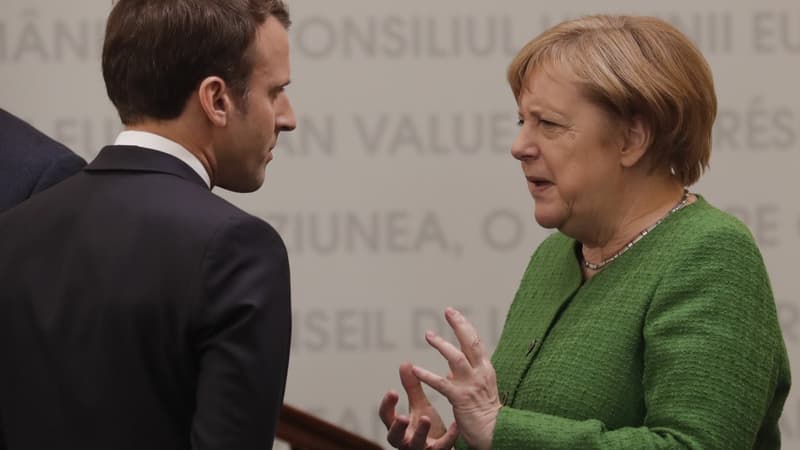 Emmanuel Macron et la chancelière allemande Angela Merkel au Sommet informel européen de Sibiu en Roumaine le 9 mai 2019.