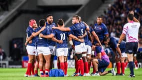 Les joueurs se réunissent pendant France-Uruguay (27-12) lors de la Coupe du monde, le 14 septembre 2023