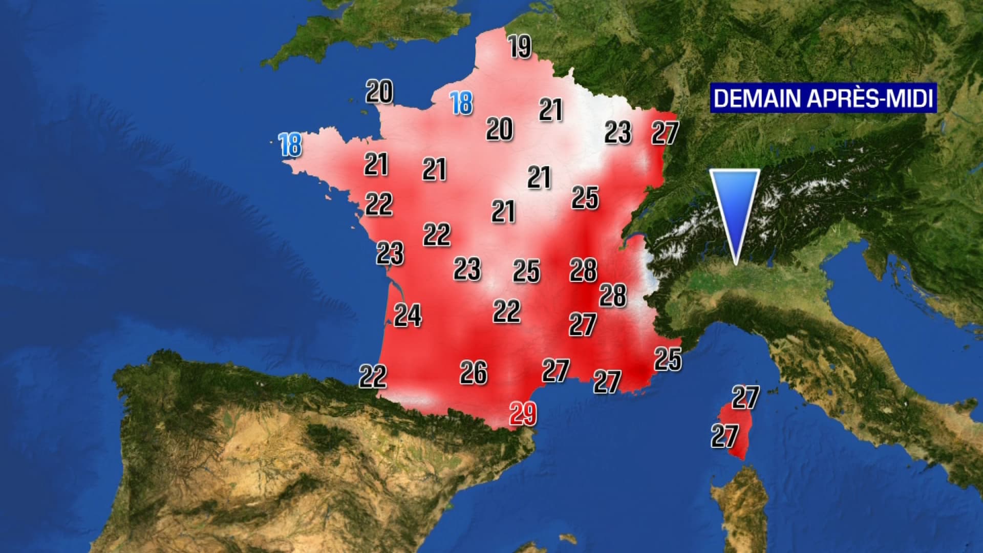 Les températures prévues ce mardi après-midi.