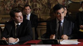François Fillon et son minitre de l'Economie, François Baroin, mercredi à Matignon. Le Premier ministre a prévenu samedi que la France se trouvait à "l'heure de vérité" sur le plan budgétaire, alors que les derniers arbitrages doivent être rendus dans le