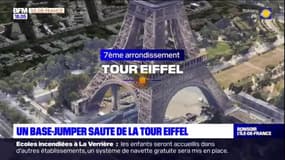 Un base-jumper saute de la Tour Eiffel