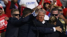 L'ex président américain Donald Trump le poing levé en train d'être évacué par les Secret Service ce 13 juillet 2024.