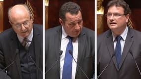 Jacques Bompard (Ligue du Sud, extrême droite), Jean-Frédéric Poisson (Parti chrétien-démocrate) et Philippe Gosselin (Les Républicains) à l'Assemblée nationale le 1er décembre 2016.