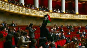 Le député LFI Sébastien Delogu brandit un drapeau palestinien dans l'hémicycle de l'Assemblée nationale, le 28 mai 2024 à Paris
