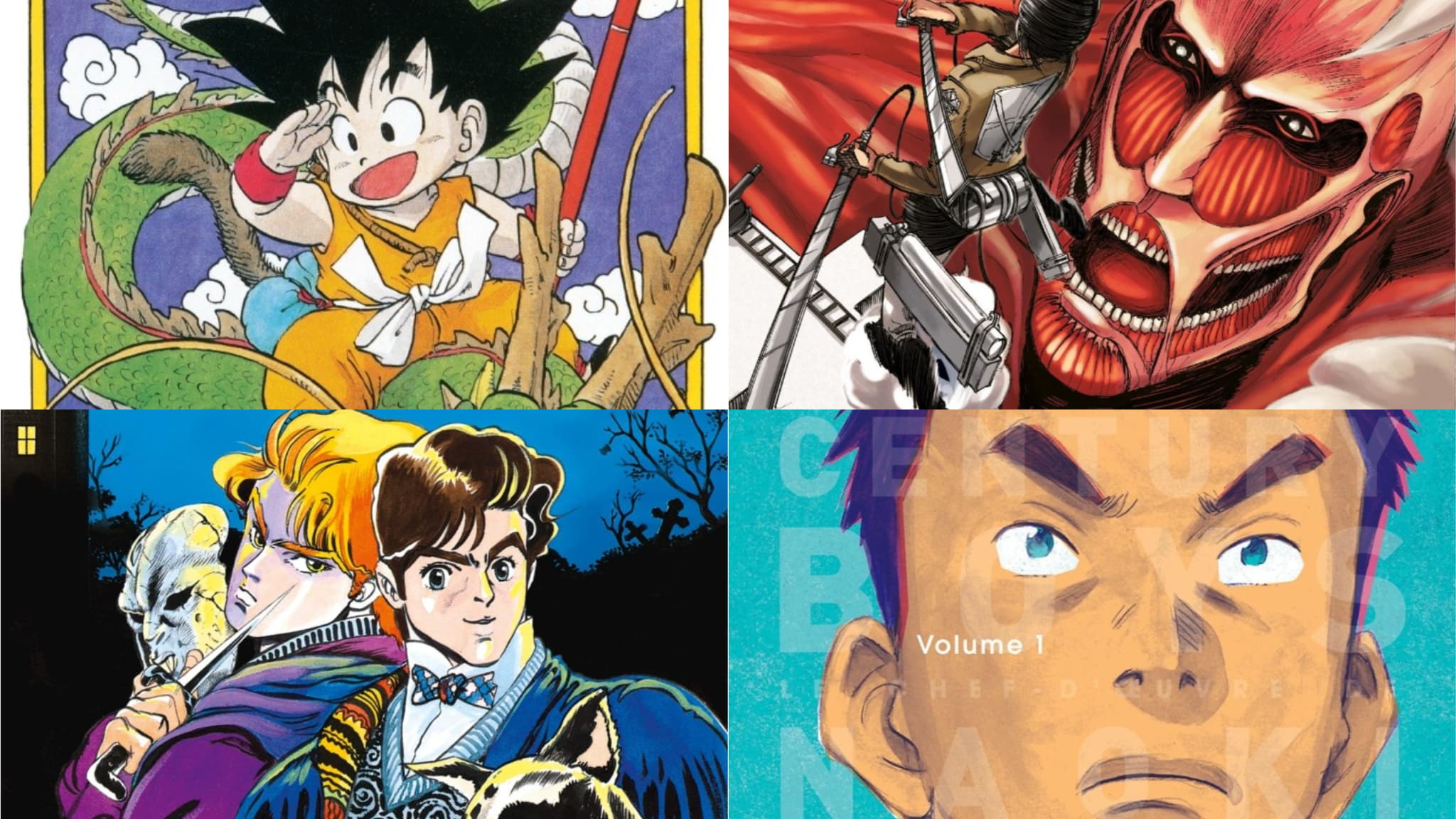 "Dragon Ball", "L'Attaque des Titans", "JoJo's Bizarre Adventure" et "20th Century Boys"