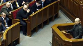 Le nouveau président par intérim, Olexandre Tourtchinov, à la tribune du parlement le 22 février.