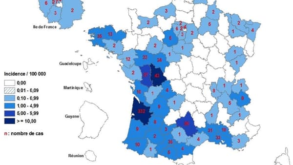 Nombre de cas de rougeole déclarés, par département de résidence, du 6 novembre 2017 au 12 mars 2018. Nombre de cas de rougeole déclarés, par département de résidence, du 6 novembre 2017 au 12 mars 2018.