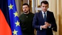 Emmanuel Macron et Volodymyr Zelensky lors de la première visite du président ukrainien en France, le 8 février 2023 (illustration). 