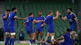 La joie du XV de France après son succès en Irlande lors du Tournoi des six Nations, à Dublin, le 14 février 2021