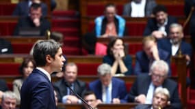 Le Premier ministre Gabriel Attal à la tribune de l'Assemblée nationale, le 30 janvier 2024, à l'occasion de son discours de politique générale.