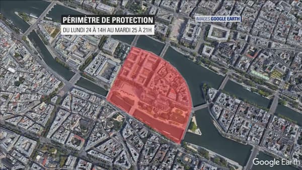 Un périmètre de protection est mis en place autour de Notre-Dame. Un périmètre de protection est mis en place autour de Notre-Dame.