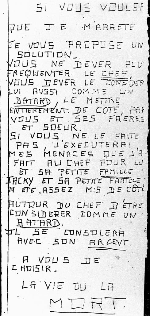 L'une des lettres anonymes envoyées par le corbeau aux parents de Grégory Villemin, tué en 1984. 