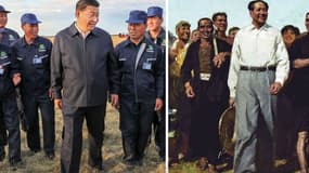 Xi Jinping lors de sa tournée d'inspection, et tableau représentant Mao. 